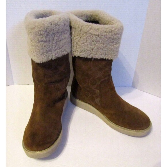 Coach Kally Womens Brown Suede Leather Signature Sherpa Boots Size 9B - Picture 1 of 8